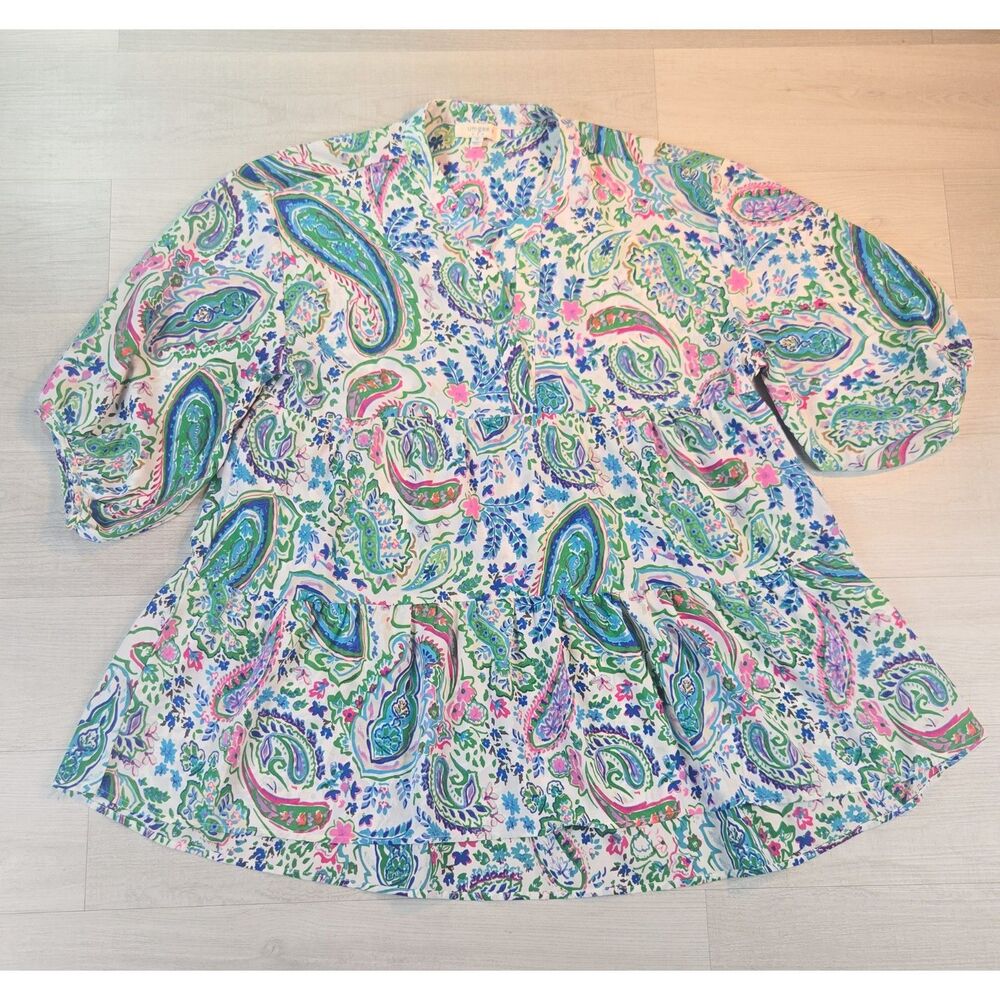 Umgee Bright Paisley Boho Tiered Peplum Blouse Balloon Sleeve XL WK6615